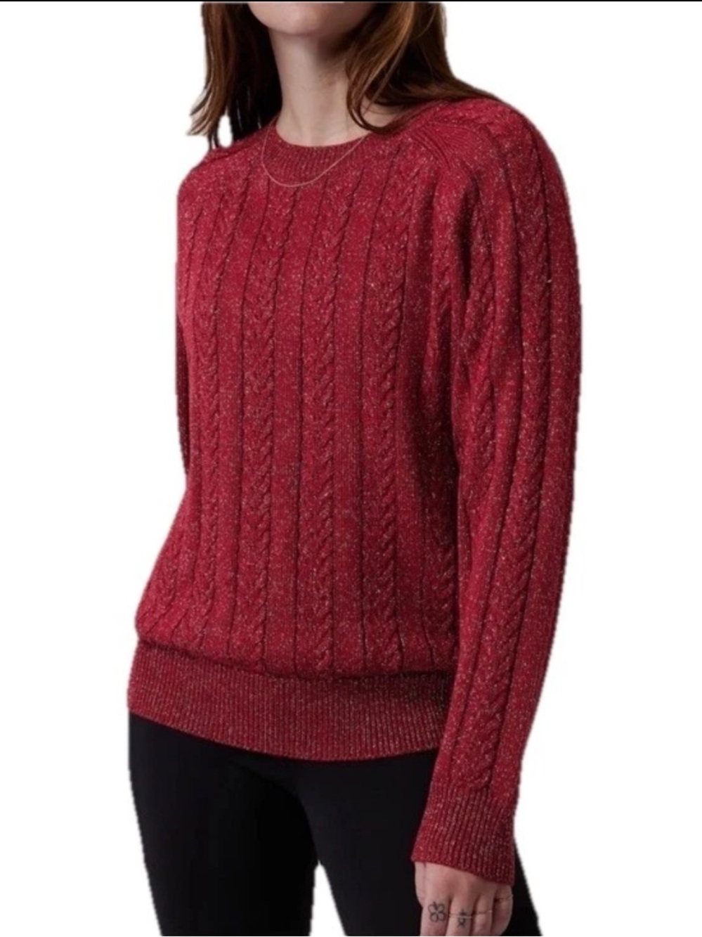 Athleta Red Metallic Cable Knit Crossroads Crew Neck Pullover Sweater Women’s M
